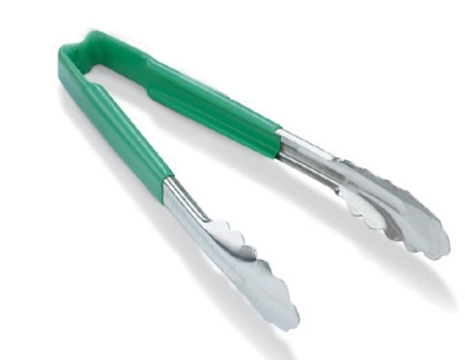 12-inch stainless steel one-piece scalloped tongs with green Kool-Touch® handle