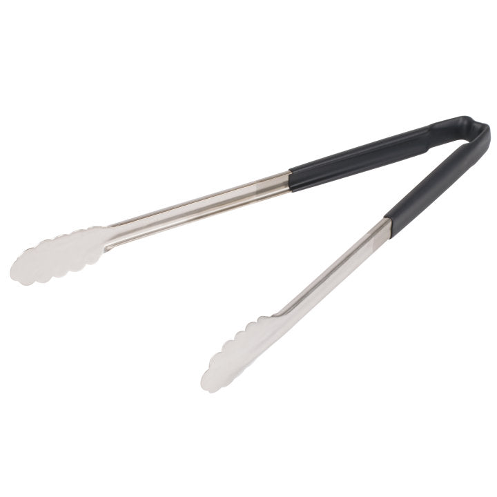 16-inch stainless steel one-piece scalloped tongs with black Kool-Touch® handle