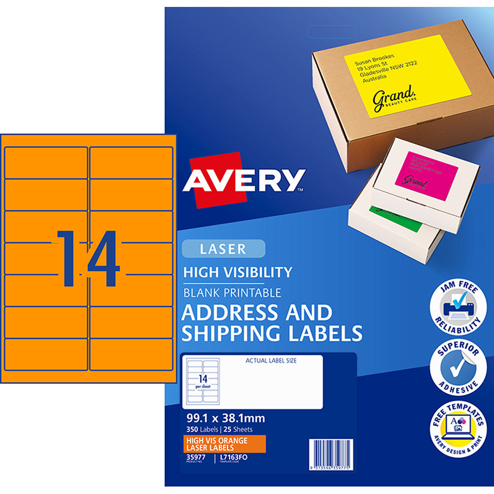 Avery Shipping Label L7163FO Flo Orange Laser 99.1x38.1mm 14up 25 Sheets