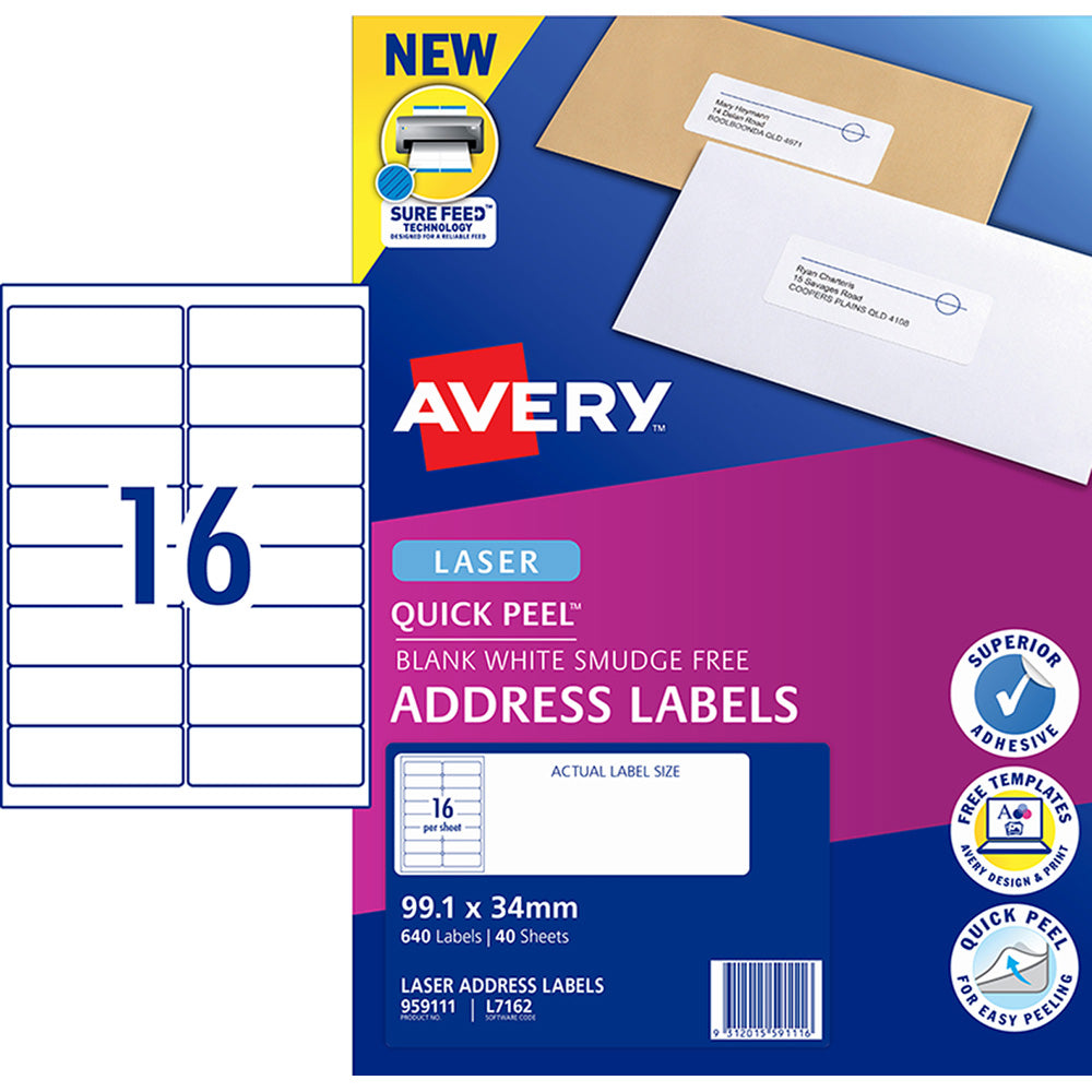 Avery Quick Peel Address Labels L7162 White 99.1x34 16up 40 Sheets - Cafe Supply