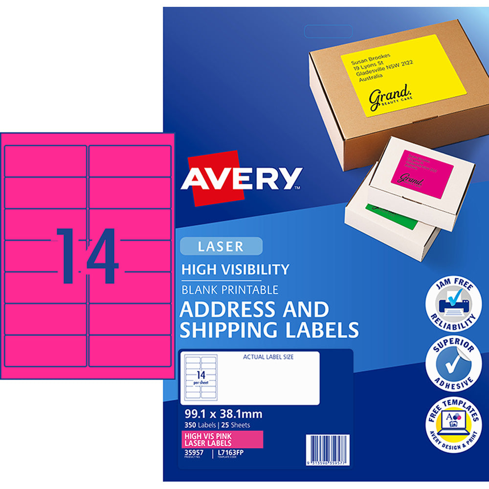 Avery Shipping Label L7163FP Flo Pink Laser 99.1x38.1mm 14up 25 Sheets