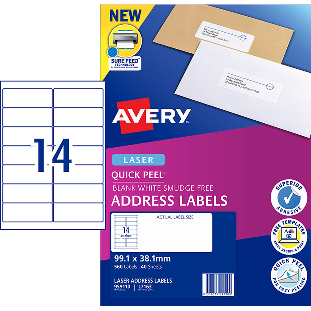 Avery Quick Peel Address Labels L7163 White 99.1x38.1mm 14up 40 Sheets - Cafe Supply