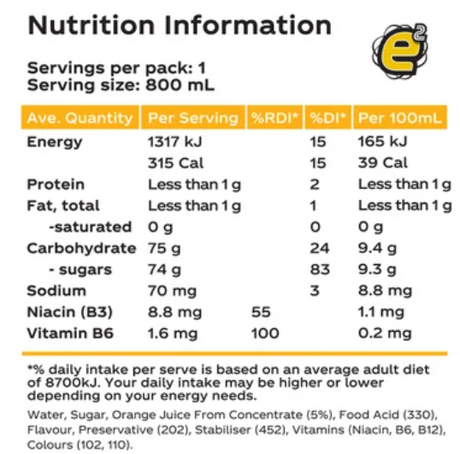 e2 Orange Liquid Energy Fruit Drink 800ml