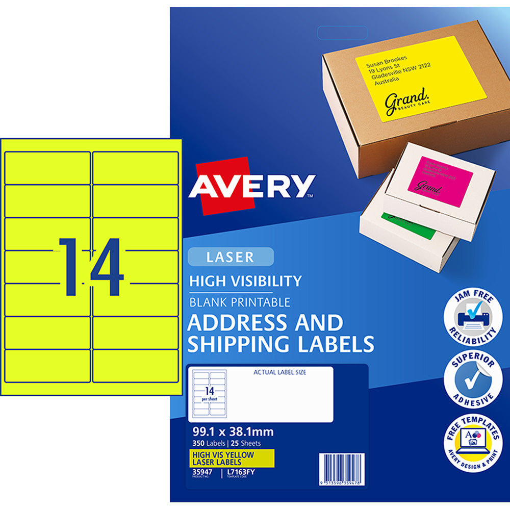 Avery Shipping Label L7163FY Flo Yellow Laser 99.1x38.1mm 14up 25 Sheets