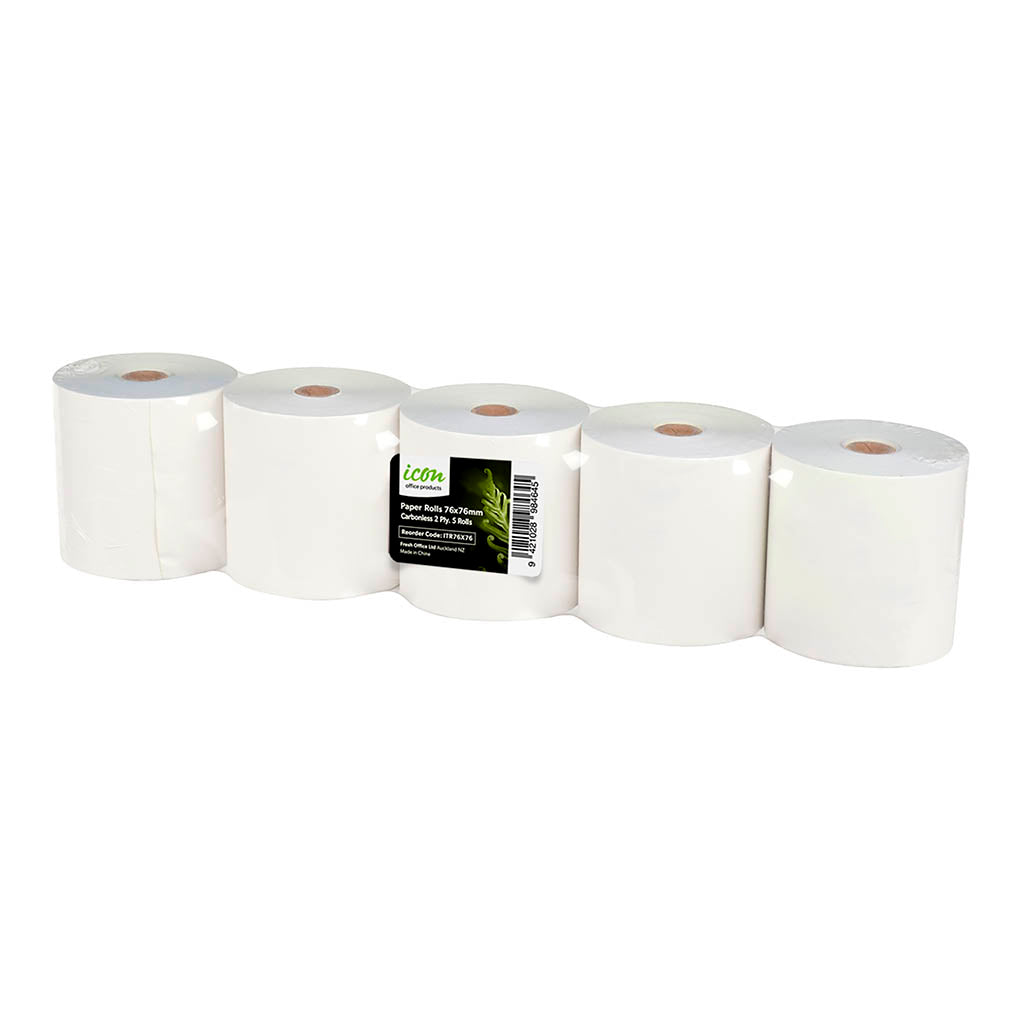 Icon Carbonless 2 Ply Paper Roll 76x76mm, Pack of 5