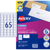 Avery Quick Peel Address Labels L7651 White 38.1x21.2mm 65up 40 Sheets - Cafe Supply