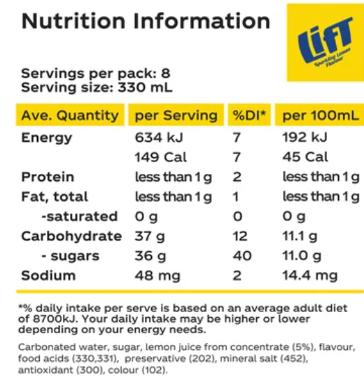 Lift Sparkling Lemon Fruit Drink Cans 8 x 330ml