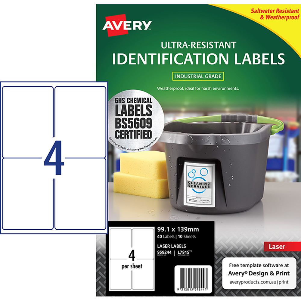 Avery Ultra Resistant ID Label L7915 White Laser 99.1x139mm 4up 10 Sheets - Cafe Supply