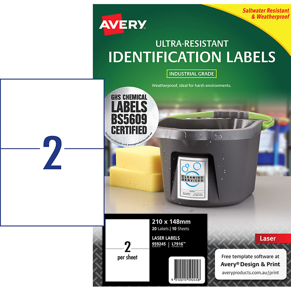 Avery Ultra Resistant ID Label L7916 White Laser 210x148mm 2up 10 Sheets - Cafe Supply