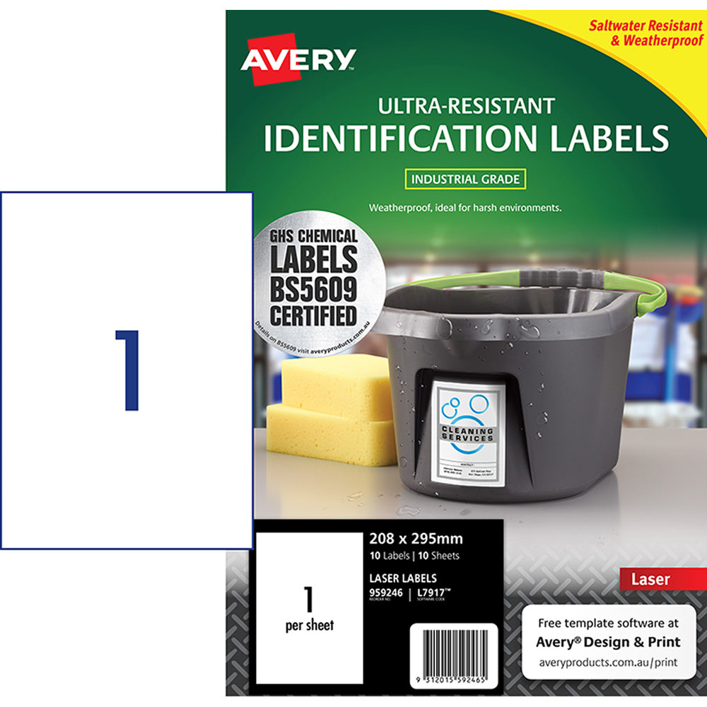 Avery Ultra Resistant ID Label L7917 White Laser 208x295mm 1up 10 Sheets - Cafe Supply