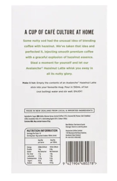 Avalanche Cafe Style Hazelnut Latte Coffee Sticks 10 x 16g