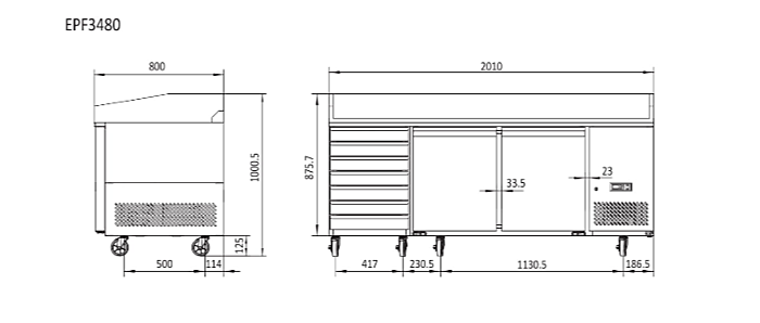 2 DOOR PIZZA TABLE FRIDGE WITH DRAWERS 2010 MM EPF3480 - Cafe Supply