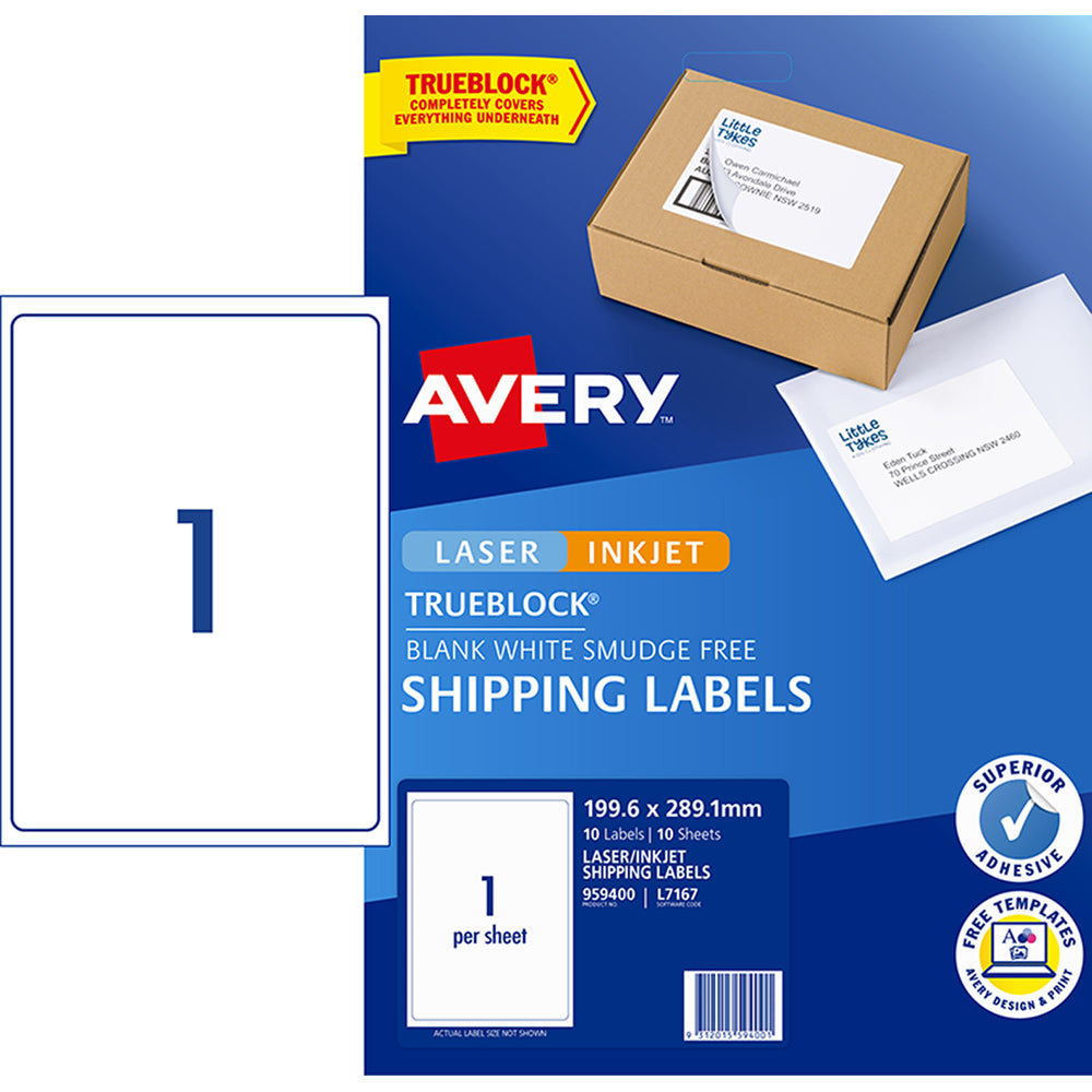 Avery Label L7167 Internet Shipping Label 199.6x289.1mm 1up 10 Sheets - Cafe Supply