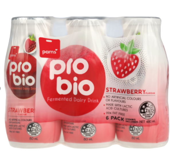 Pams Strawberry Pro Bio Cultured Dairy Drink 6pk