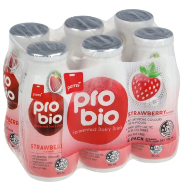 Pams Strawberry Pro Bio Cultured Dairy Drink 6pk