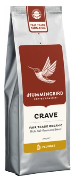 Hummingbird Crave Fair Trade Organic Fresh Plunger Grind Coffee 200g