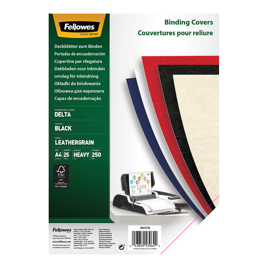 Fellowes Binding Covers A4 250gsm, Black, Pack of 25