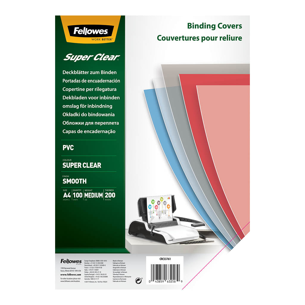 Fellowes Binding Covers A4 200mic Clear, Pack of 100