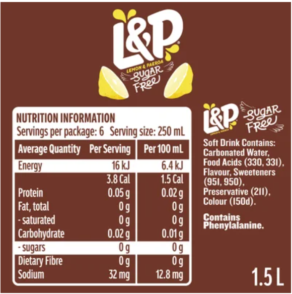 L&P Sugar Free Soft Drink 1.5l