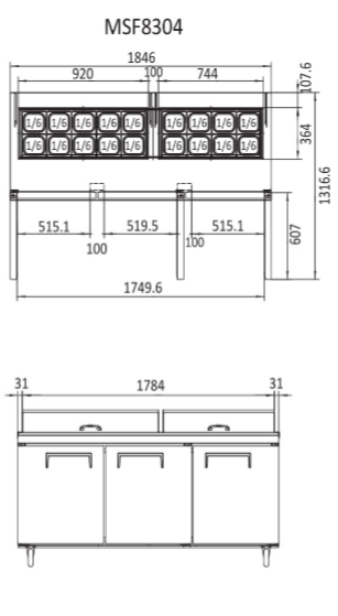 3 DOOR SANDWICH PREP TABLE FRIDGE1846 MM MSF8304 - Cafe Supply