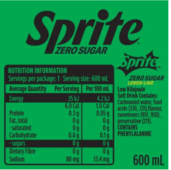 Sprite Zero Sugar Natural Flavour Soft Drink 600ml