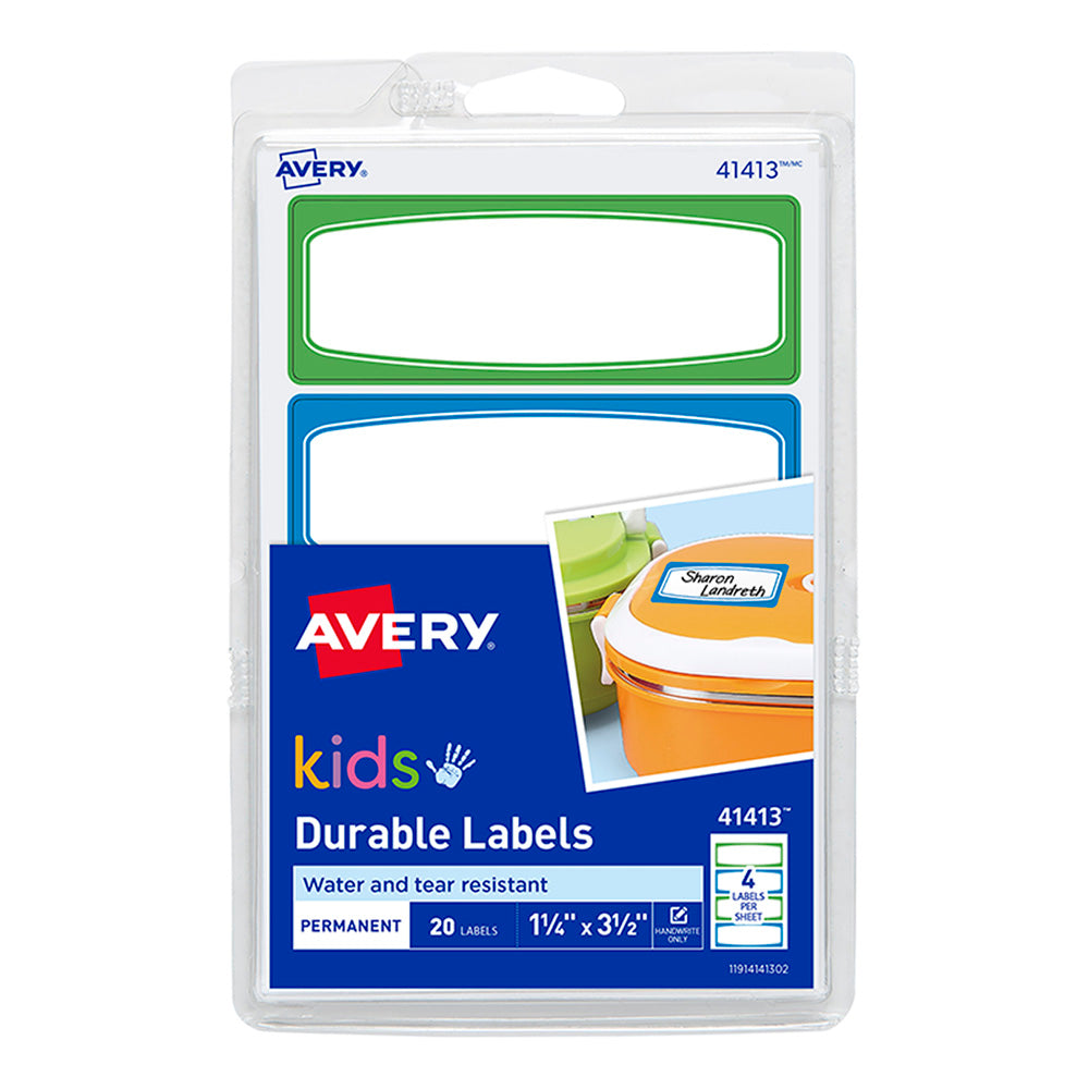 Avery Label Kids Durable Green Blue Border 89x32mm 4up 5 Sheets