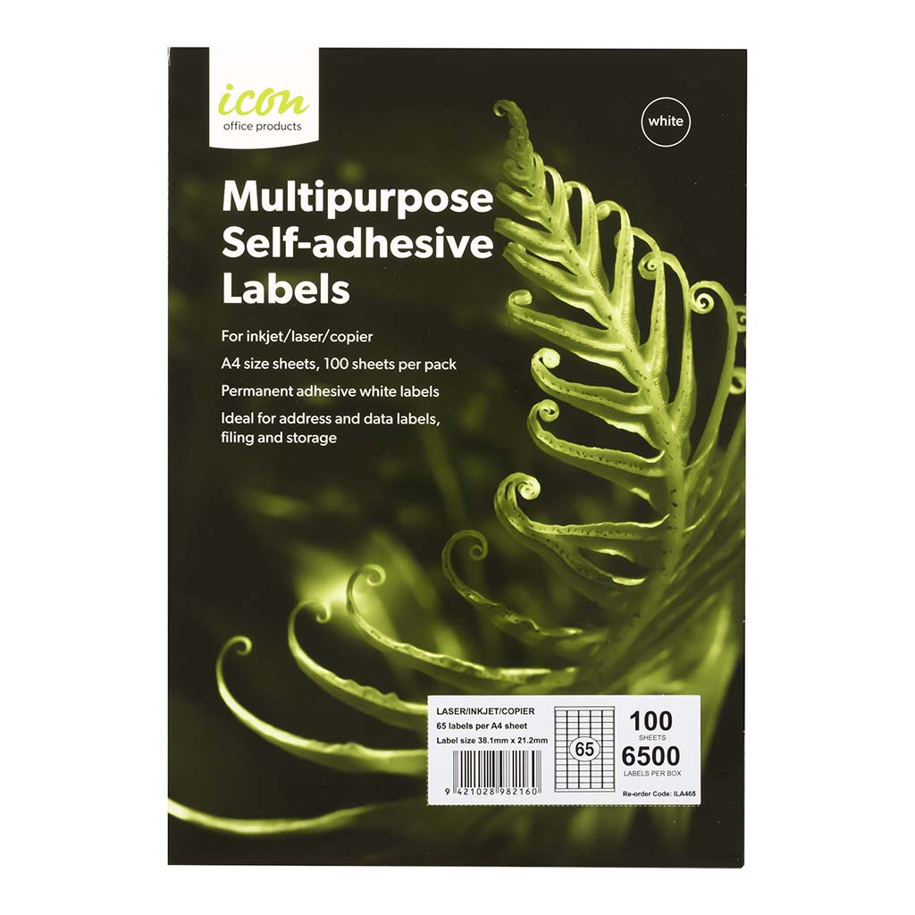 Icon Multipurpose Labels 65 Per Sheet 38.1x21.2mm, Pack of 100