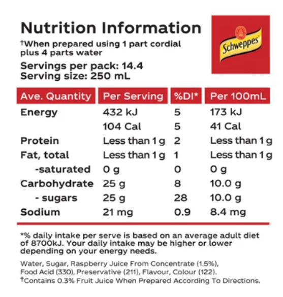 Schweppes Raspberry Flavoured Cordial 720ml