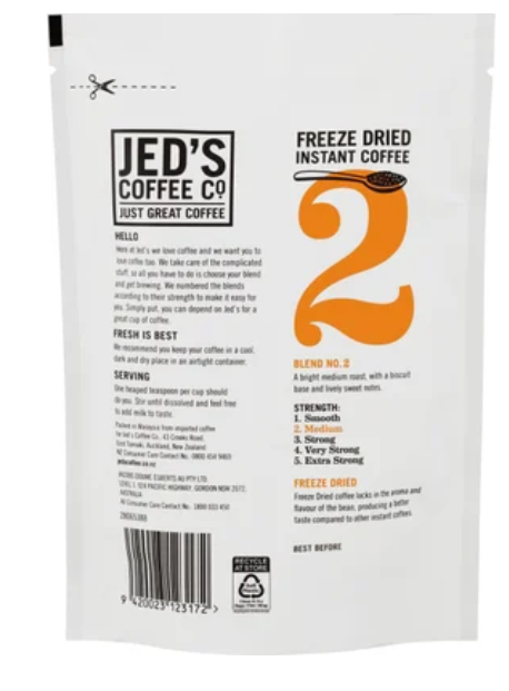 Jed's Coffee Co. #2 Medium Strength Instant Freeze Dried Coffee Refill 90g