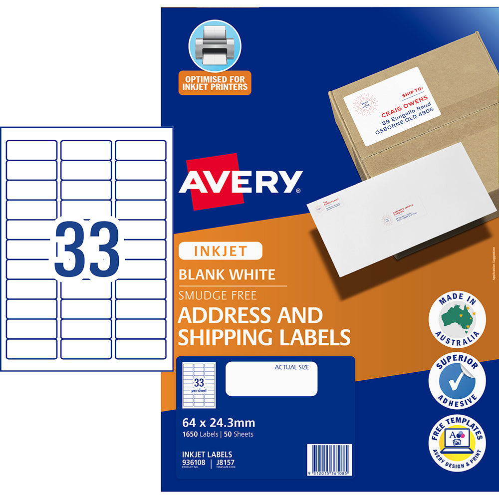 Avery Label J8157-50 Inkjet 33up 50 Sheets 64x24mm - Cafe Supply