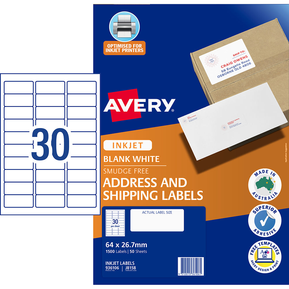 Avery Label J8158-50 Inkjet 30up 50 Sheets 64x26mm - Cafe Supply