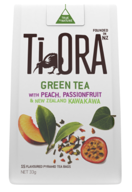 Ti Ora Green Tea With Peach Passionfruit & New Zealand Kawakawa Pyramid Tea Bags 15pk