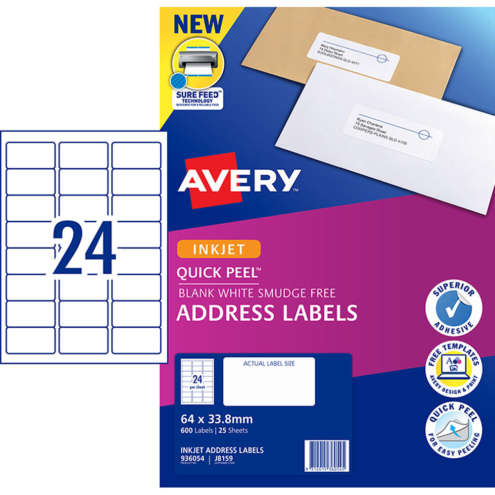 Avery Label J8159-25 Inkjet 24up 25 Sheets 64x33mm - Cafe Supply