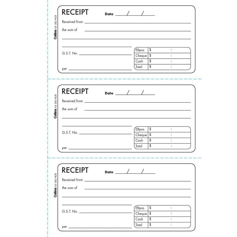 Collins Cash Receipt A5 3DL Duplicate No Carbon Required - Cafe Supply