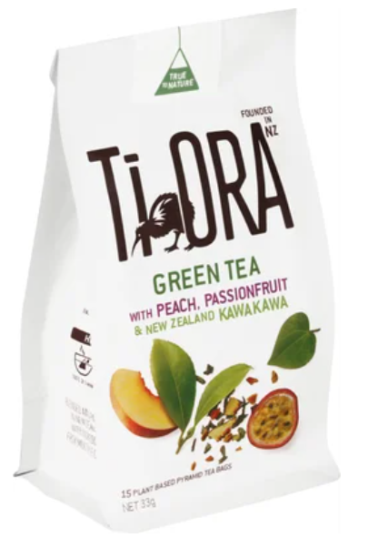 Ti Ora Green Tea With Peach Passionfruit & New Zealand Kawakawa Pyramid Tea Bags 15pk