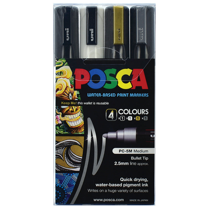 Uni Posca Marker 1.8-2.5mm Med Bullet 4 Pack Black White Gold Silver PC-5M