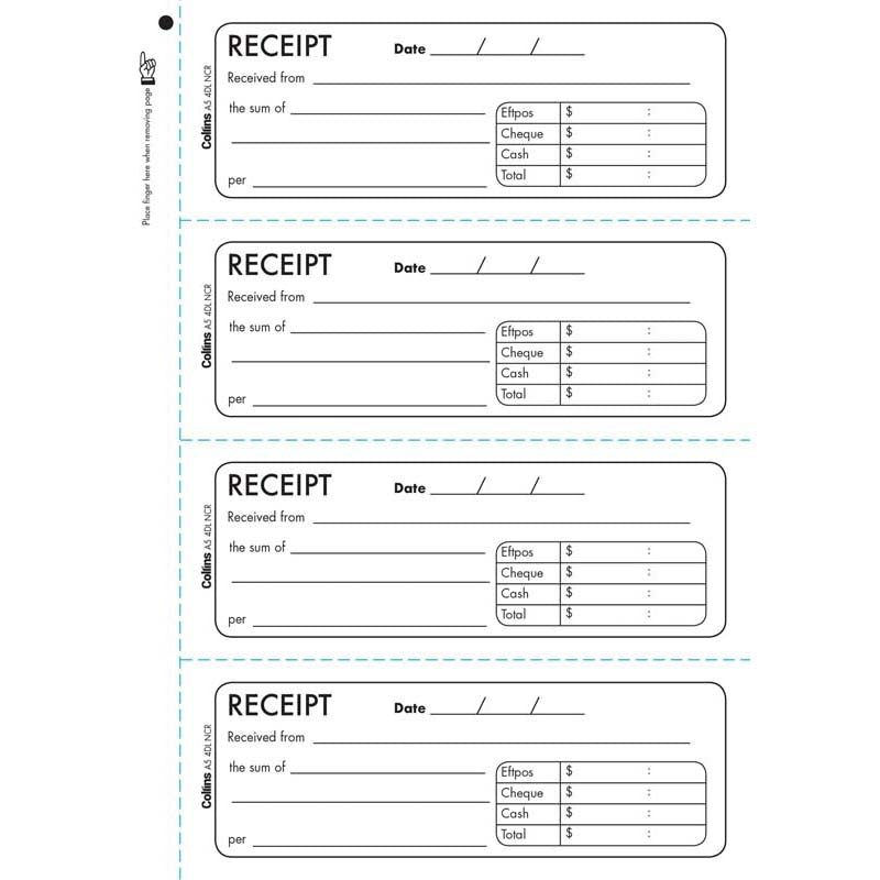 Collins Cash Receipt A5 4DL 100 Leaf Duplicate No Carbon Required