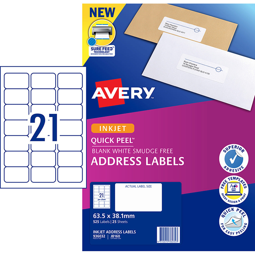 Avery Label J8160-25 Inkjet 21up 25 Sheets 63x38mm - Cafe Supply