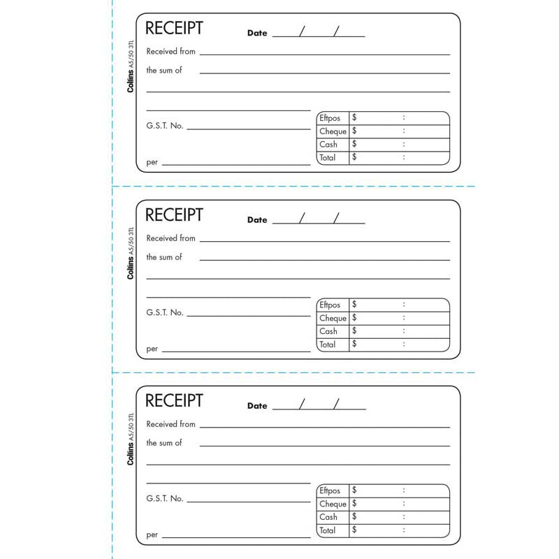 Collins Cash Receipt A5/50 3TL Triplicate No Carbon Required - Cafe Supply