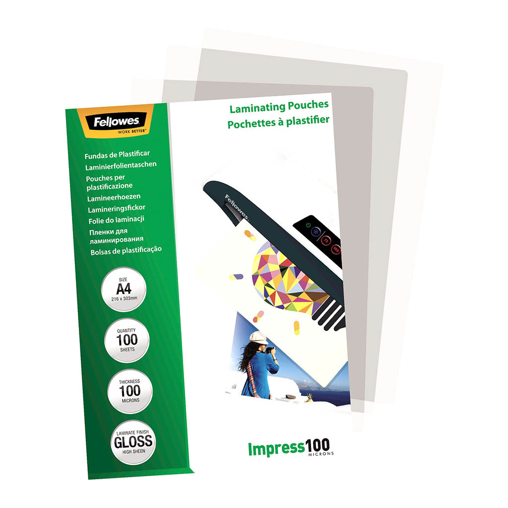 Fellowes Laminating Pouches A4 Gloss 100 Micron, Pack of 100