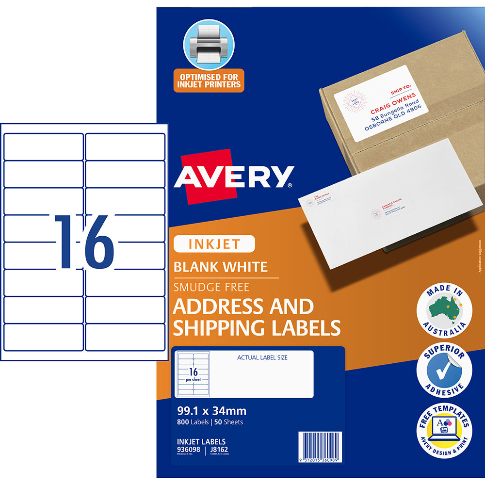 Avery Label J8162-50 Inkjet 16up 50 Sheets 99x34mm - Cafe Supply