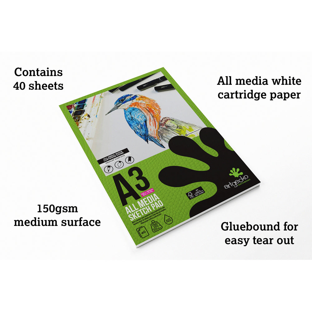 Artgecko Pro All Media Sketchpad A3 40 Sheets 150gsm White Paper - Cafe Supply