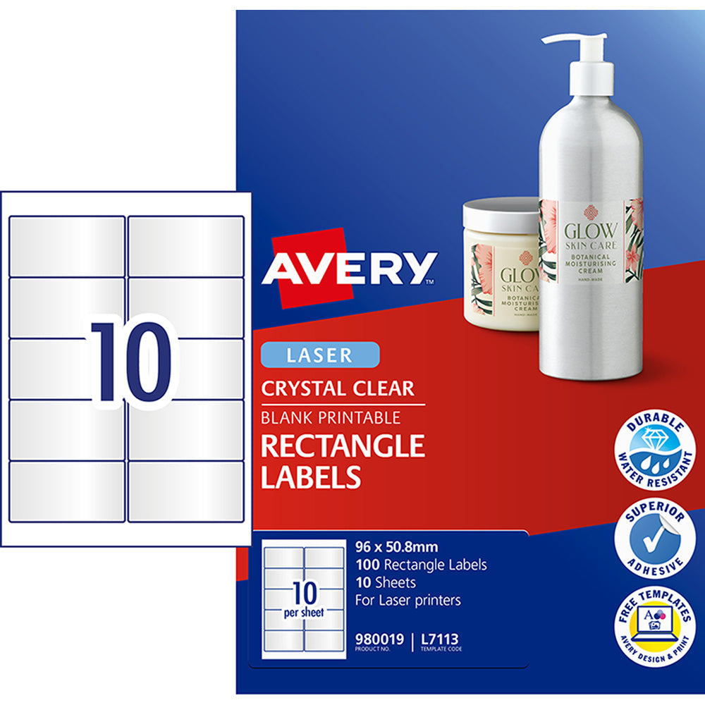 Avery Label L7113 Rectangular Crystal Clear 10up 10 Sheets 96x50mm - Cafe Supply