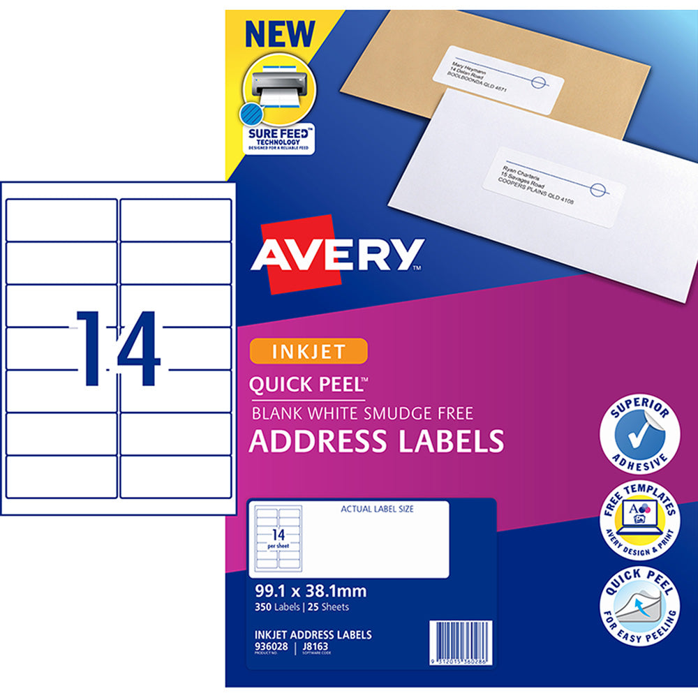 Avery Label J8163-25 Inkjet 14up 25 Sheets 99x38mm - Cafe Supply