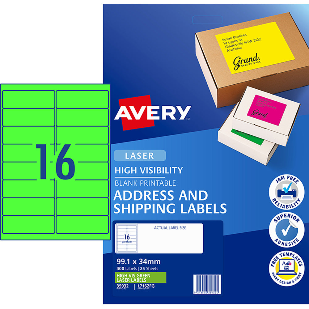 Avery Shipping Label L7162FG Fluoro Green 99.1x34mm 16up 25 Sheets Laser