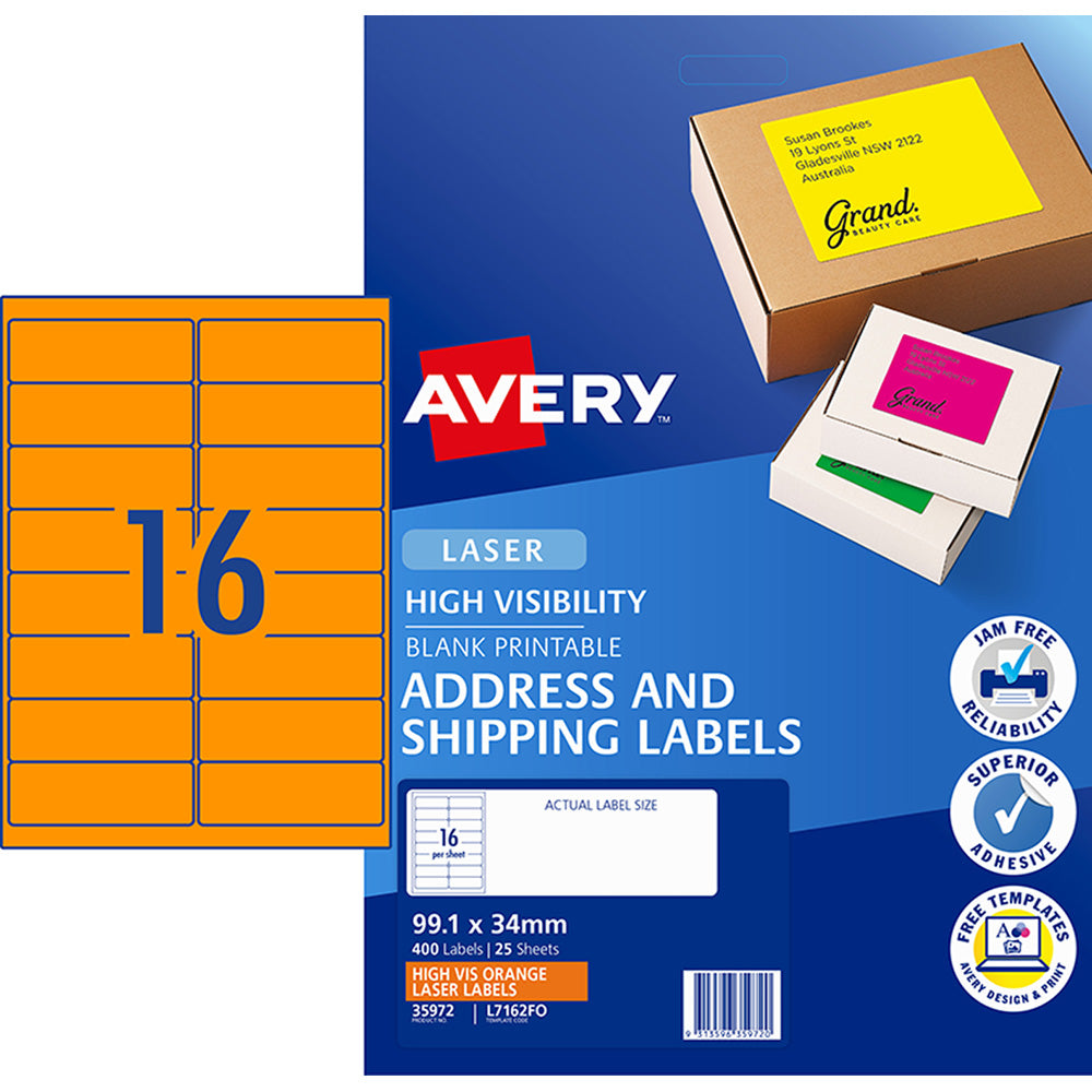 Avery Shipping Label L7162FO Fluoro Orange Laser 99.1x34mm 16up 25 Sheets