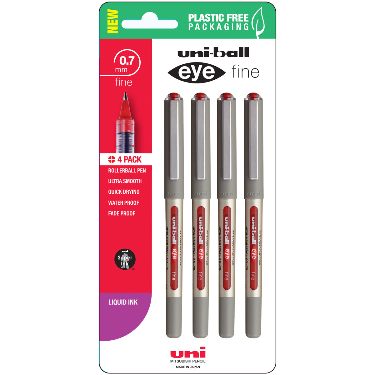 Uni Eye 0.7mm Fine Capped Red Hangsell Pk4