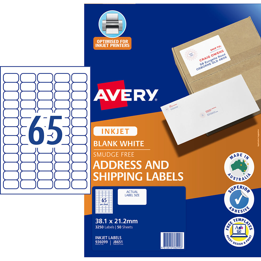 Avery Label J8651-50 Inkjet 65up 50 Sheets 38x21mm - Cafe Supply