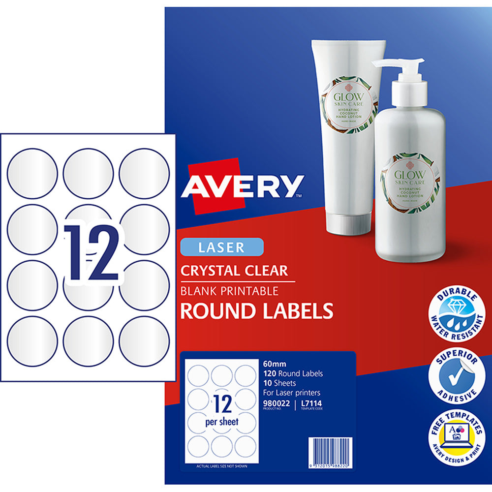 Avery Label L7114 Round Crystal Clear 60mm 12up 10 Sheets - Cafe Supply