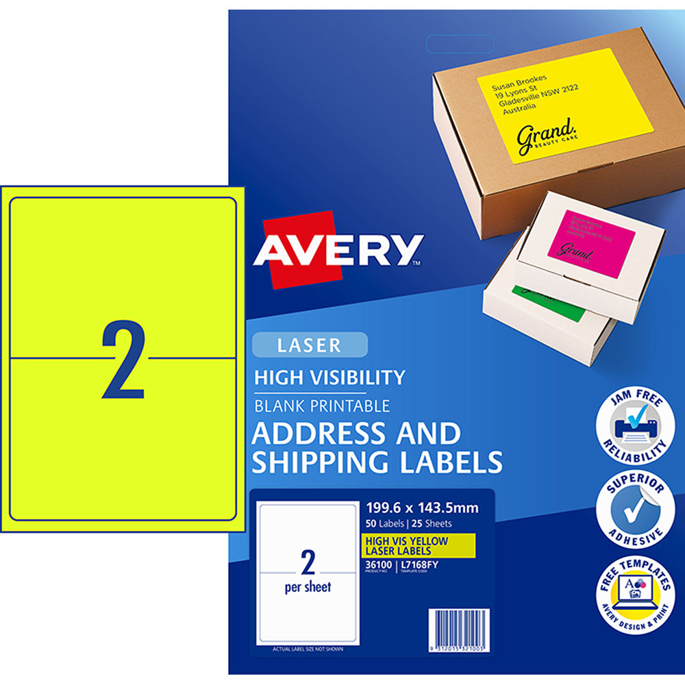 Avery Shipping Label L7168FY Fluoro Yellow 199.6x143.5mm 2up 25 Sheets